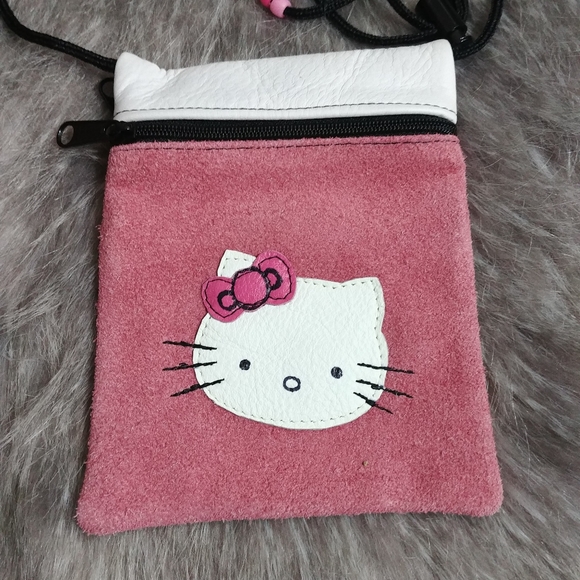 Handmde Custom Made Pink White Satin Lined Leather Hello Kitty Crossbody Bag - Picture 3 of 6
